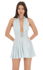 Floral Plunge Neck Dress in Baby Blue
